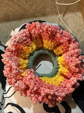 Handmade Crochet Blossom Scrunchie in Pink, Yellow, Green